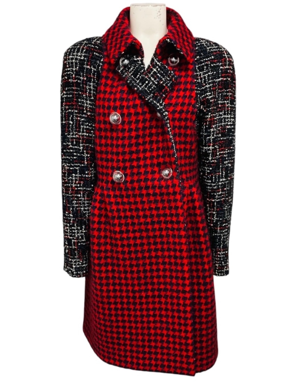 CHANEL RED / BLUE / BLACK MULTI DOUBLE BREASTED MID LENGTH TWEED COAT WITH CC LO
